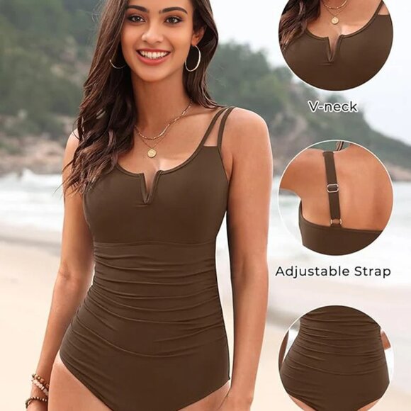 NEW🎁 Full Coverage, Coffee Brown,Slimming, Ruched Waist Bathing Suit SHE CURVE - Picture 5 of 8